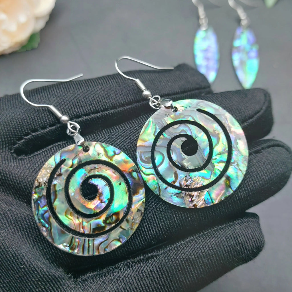 Natural Paua Shell Hand Carving Double Side Dangle Earrings Hawaiian Design Abalone Jewelry