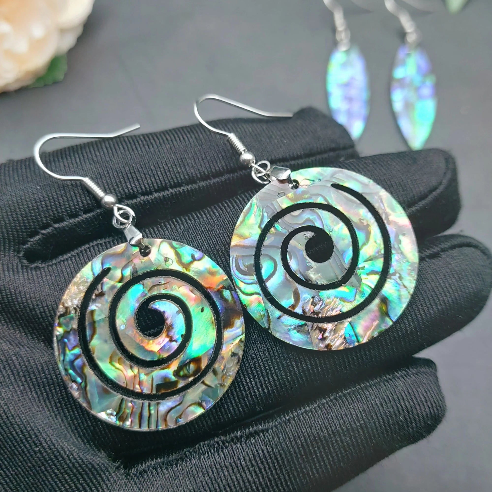 Natural Paua Shell Hand Carving Double Side Dangle Earrings Hawaiian Design Abalone Jewelry