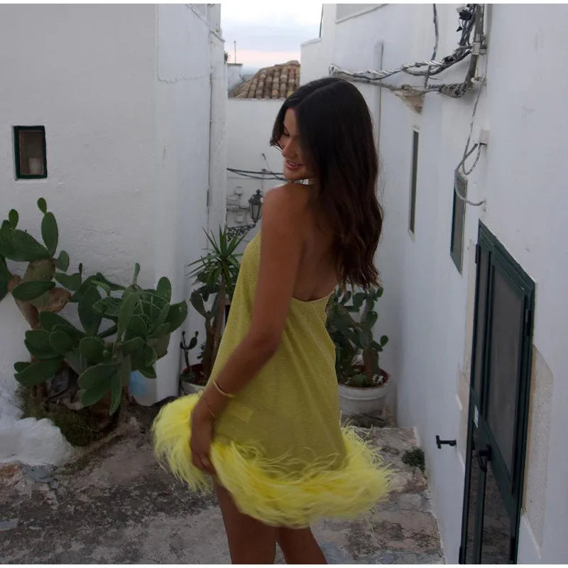 Sexy Feather Glitter Halter Short Dress Women Sleeveless Backless Yellow Female Party Dresses 2025 Summer Lady Beach A-line Robe