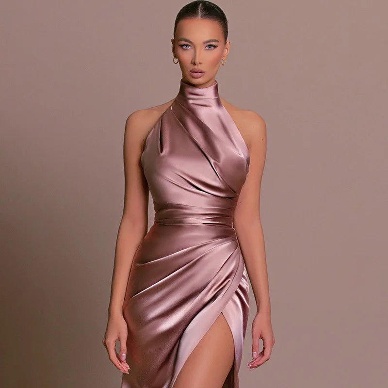Sexy Satin Halter Dress - Ruched Slit Long Evening Gown
