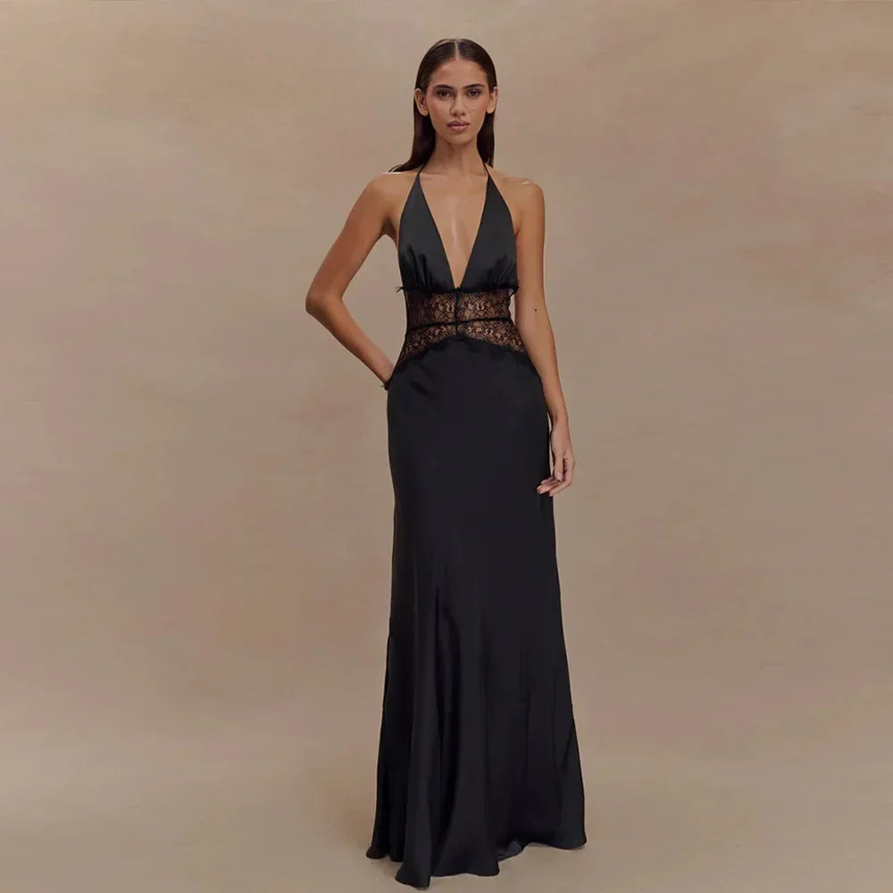 Deep V-Neck Backless Dress - Lace Satin Halter Maxi Evening Gown
