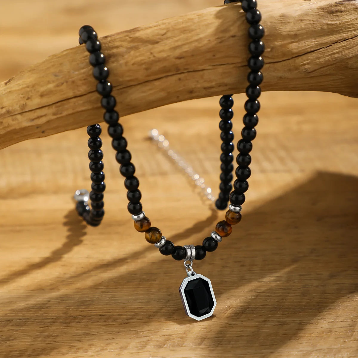 HNSP Black Crystal Pendant Bead Rosary Necklace For Men Jewelry Accessories