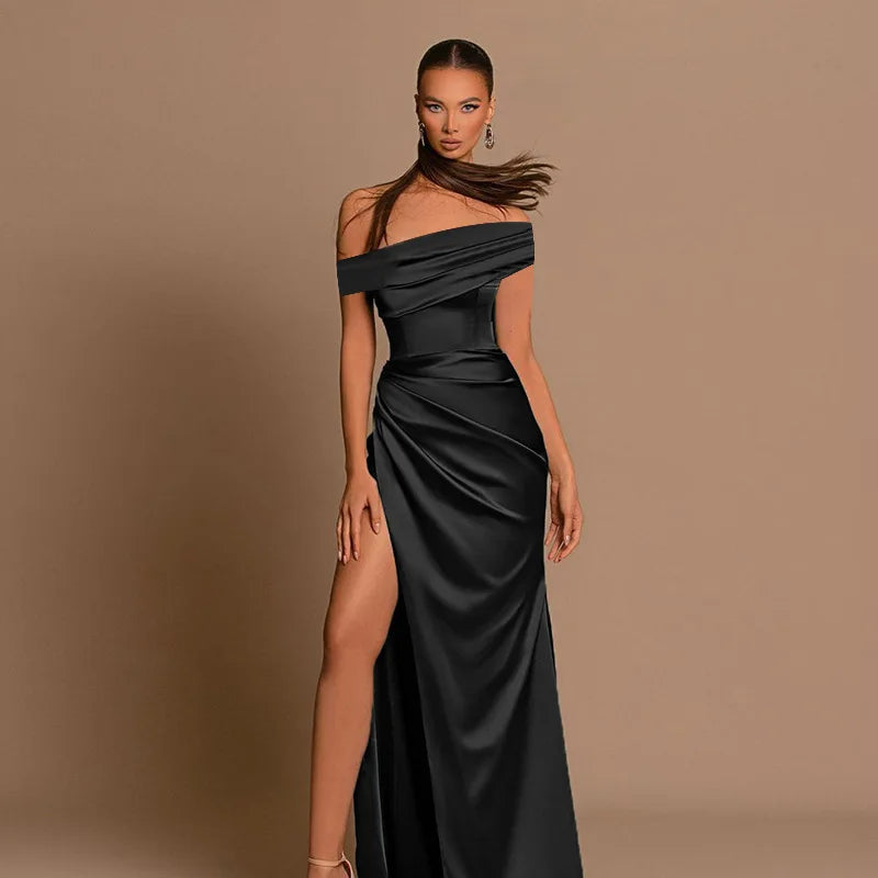 Sexy Satin Halter Dress - Ruched Slit Long Evening Gown