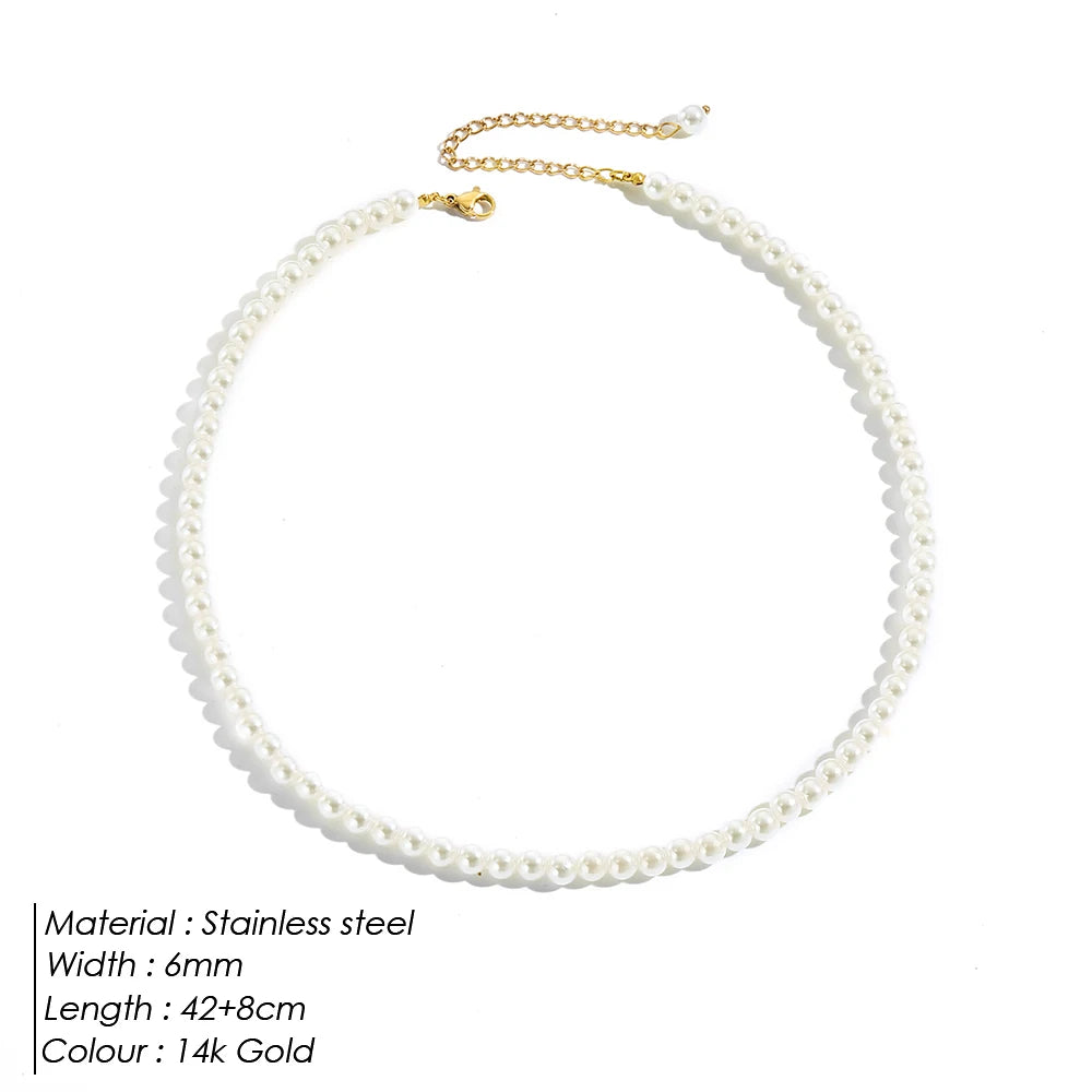 eManco New Imitation Pearl Necklaces Round Multi Size White Pearl Stainless Steel Necklace Women's Collarbone Chain