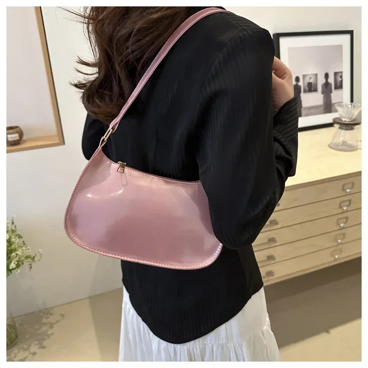 Vintage Wine Red Patent Leather Glossy Underarm Bag 2024 New Minimalist Lady Zipper Shoulder Bag Elegant Versatile Handbag Trend
