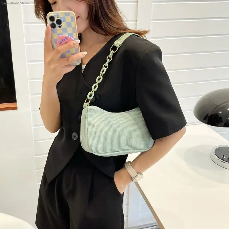 1pc Fashion Vintage Women Handbags Corduroy Underarm Bag Casual Women Shoulder Bags Solid Color Zipper Female Handbag Clutch