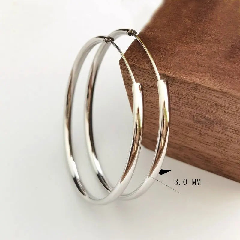 Senlissi - New 18K Gold Plated Hoop Earrings For Women 925 Sterling Silver  3.0mm Fashion Earring Cерьги Kольца 3/4/5/6/7CM