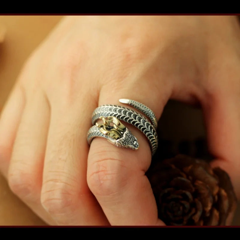 Buyee 925 Sterling Silver Male Big Ring Horned snake Open Ring Finger for Men Women Fashion Unique Rock Punk Fine Jewelry Circle