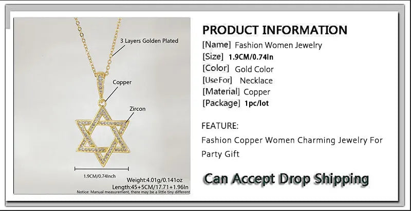 MHS.SUN Luxury Star of David Necklaces for Women Men Fashion Hollow Hexagonal Star Pendant Chain Necklace Judaica Jewish Jewelry