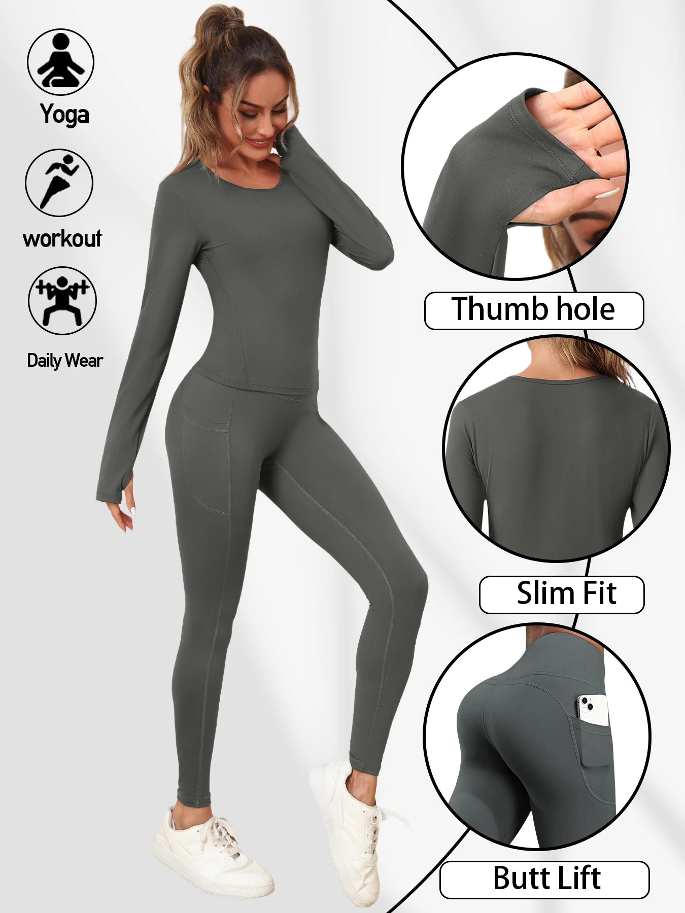 Women's Yoga Set Solid Color Round Neck Long Sleeve Sports Top Butt-Lifting Tummy-Control Pocket Leggings Outdoor Workout Set