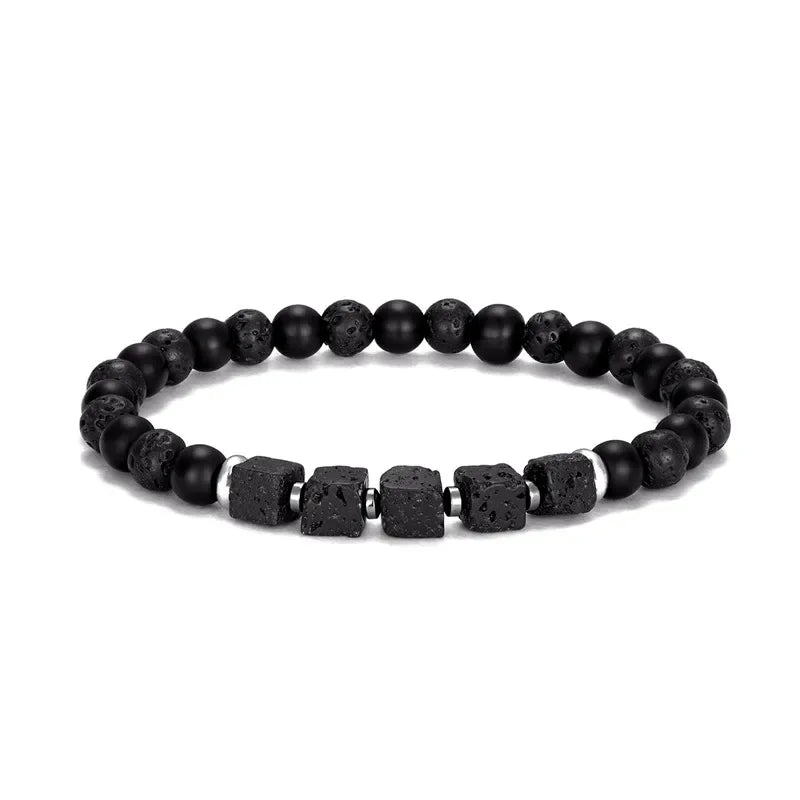 YIZIZAI Black Matte Onyx with Cube Lava Bracelet Yoga Balance Energy Stretch Bracelet Men Women Natural Gemstone Healing Jewelry