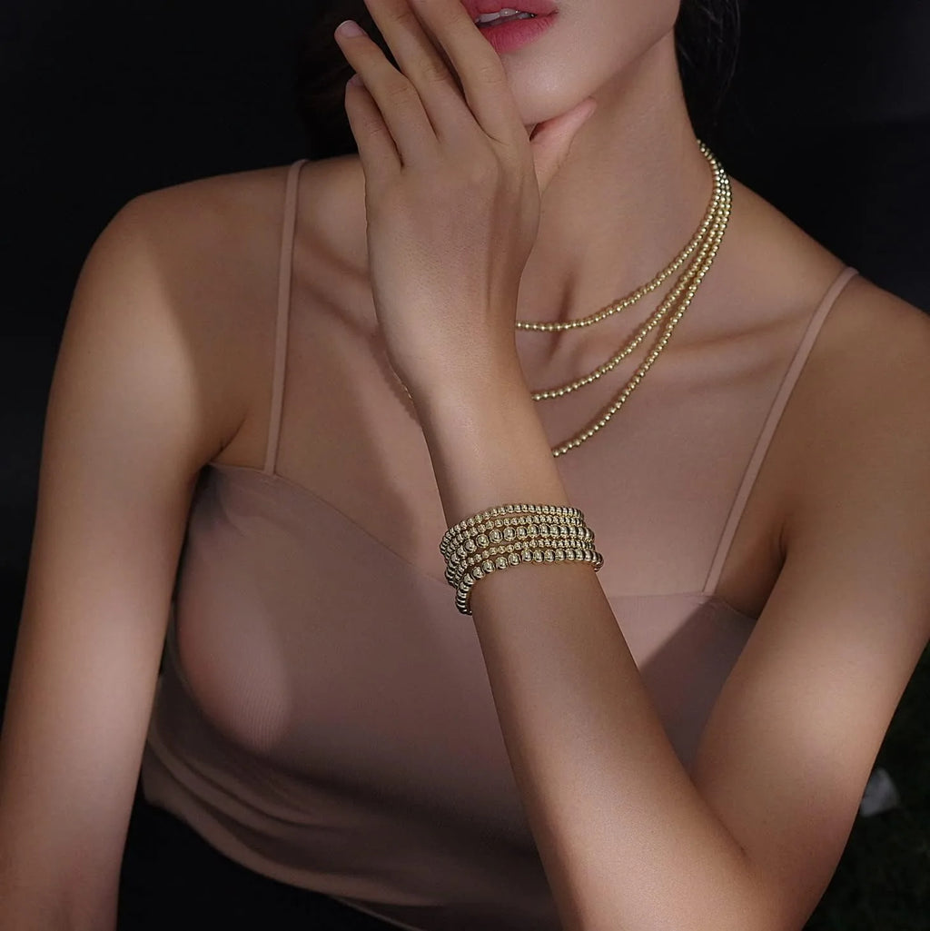 Gold Plate Bead Bracelet for Women 14K Gold Plated Bead Ball Bracelet Stretchable Elastic Hypoallergenic Bohemian Stackable