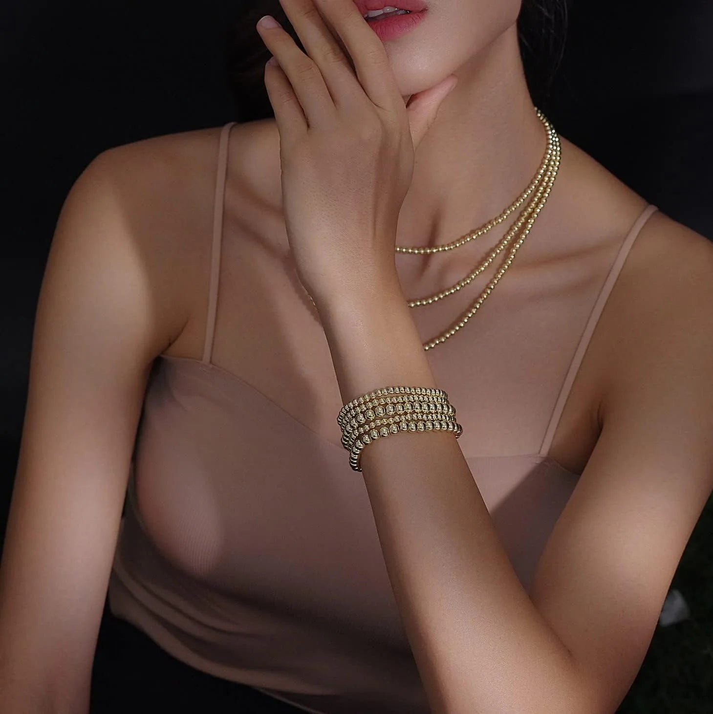 Gold Plate Bead Bracelet for Women 14K Gold Plated Bead Ball Bracelet Stretchable Elastic Hypoallergenic Bohemian Stackable