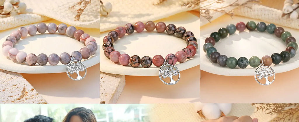 Purple Agate Bracelet Life Tree Card, Rhodochrosite Beaded Natural Stone Bracelet, Nana/Grandma/Mom Birthday Christmas Day Gifts
