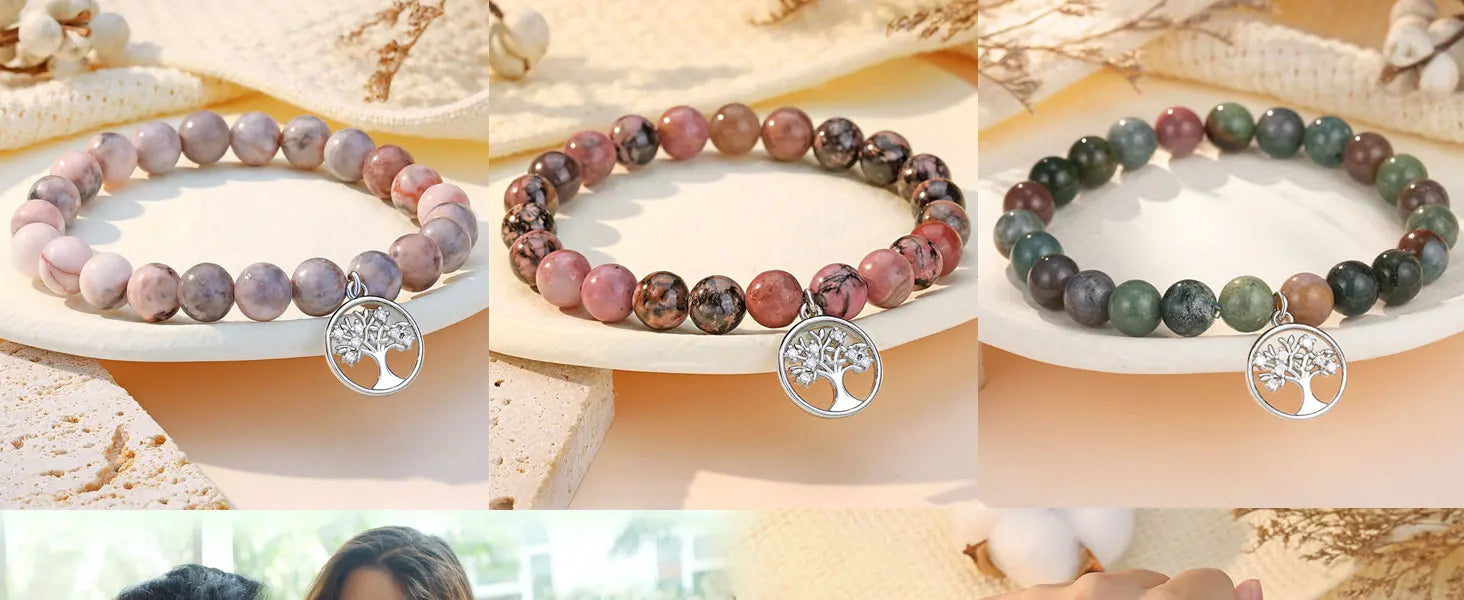Purple Agate Bracelet Life Tree Card, Rhodochrosite Beaded Natural Stone Bracelet, Nana/Grandma/Mom Birthday Christmas Day Gifts