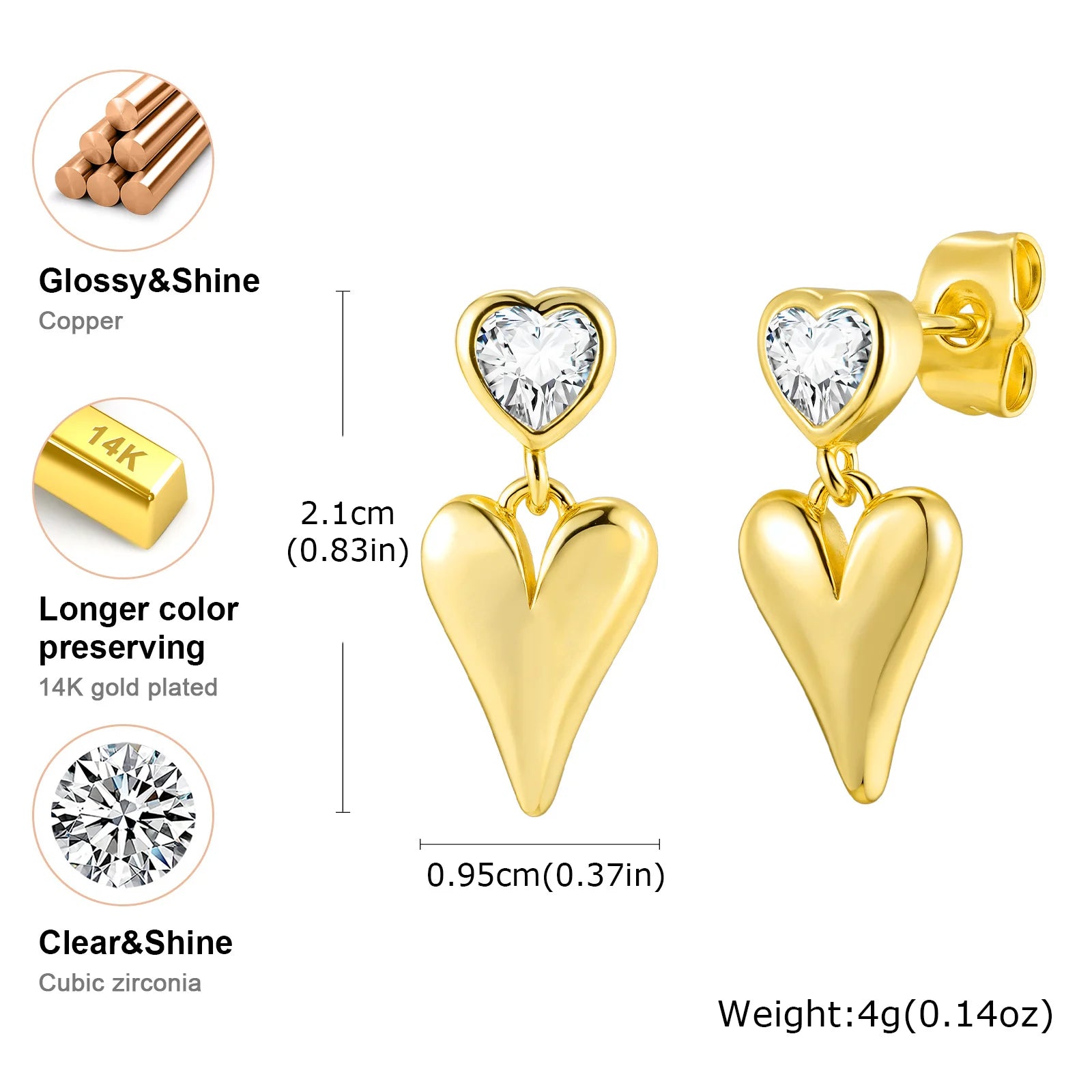 Cubic Zirconia Heart Love Dangle Earring for Women,18k Gold-plated Waterproof Jewelry