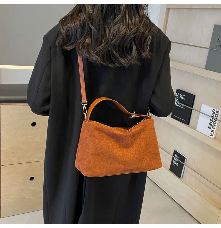 New Solid Color PU Zipper Women's Bag Suede Large Capacity Women's Shoulder Bag Fashion Versatile Casual Dual Purpose Handbag