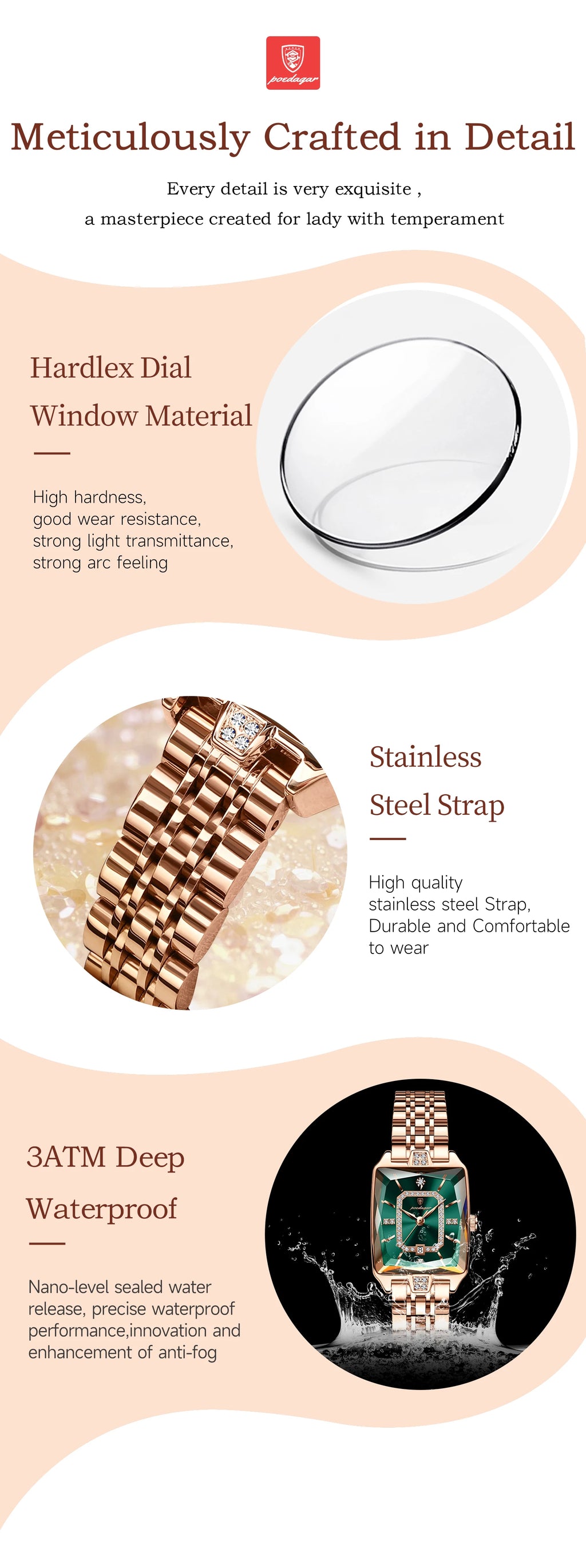 POEDAGAR Luxury Rectangle Watch - Waterproof Calendar Stainless Steel