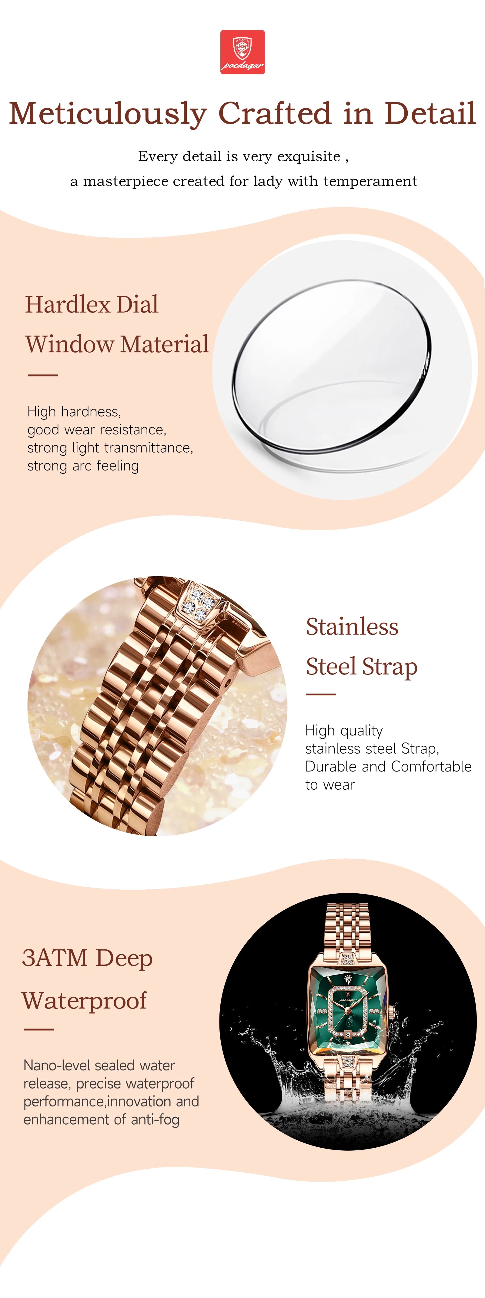 POEDAGAR Luxury Rectangle Watch - Waterproof Calendar Stainless Steel