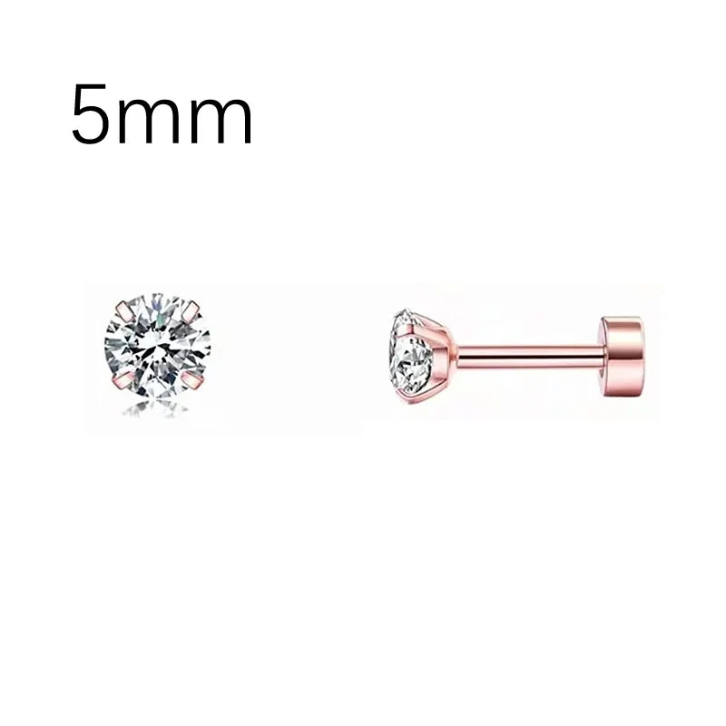 2 Pcs 18G Hypoallergenic Stud Earrings for Women Men Stainless Steel Flatback Earring Cubic Zirconia Earring Piercings
