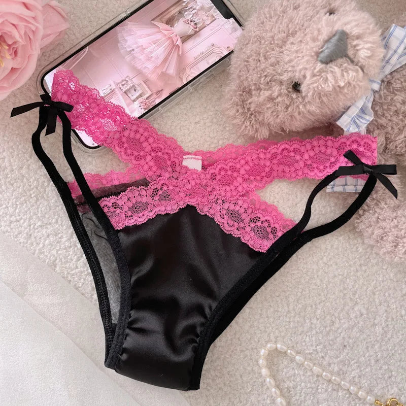 Cross Belt Lace Transparent Sexy Women's Underpants Low Waist Mesh Hollowed Bow Panties Cotton Crotch Breathable Briefs Lingerie