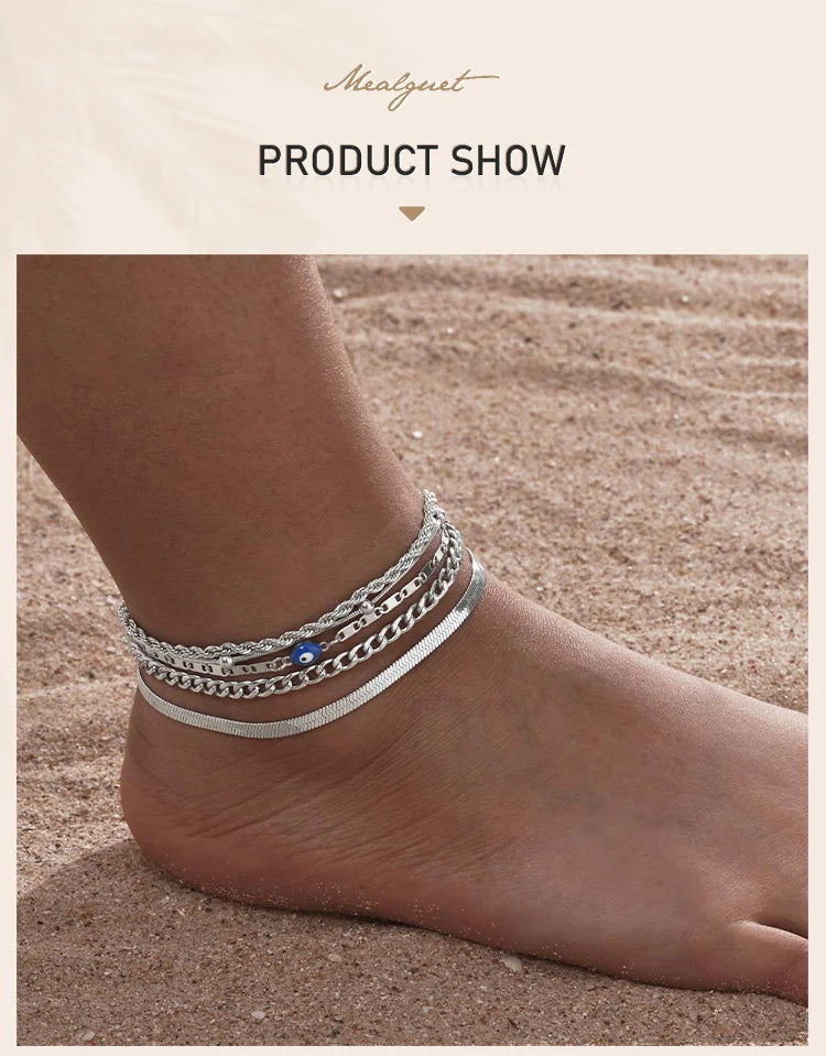 Silver Color Anklet Bracelets for Women Waterproof, Stainless Steel Layered Cuban Chain Herringbone Anklets Summer Beach Gift