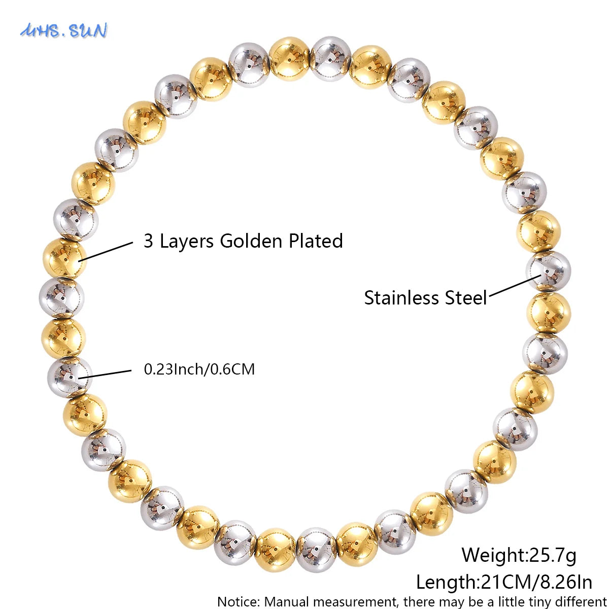 MHS.SUN Fashion Waterproof Smooth Stainless Steel Bracelets 2-10mm Elastic Beaded Gold Plated Stackable Bracelet Women Jewelry