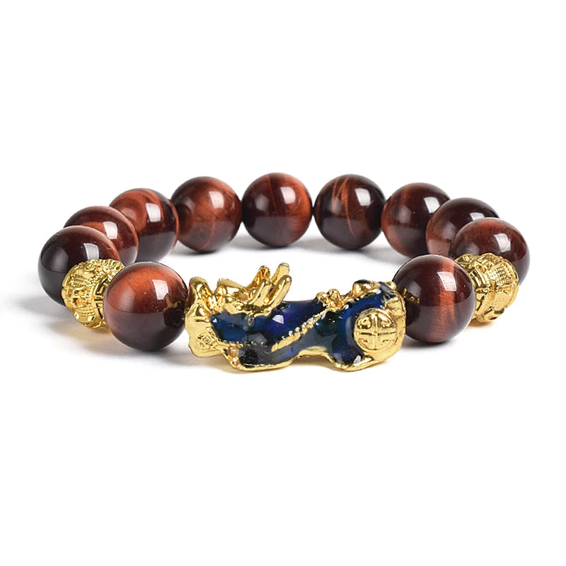 Pi Xiu Tiger Eye Stone Beads Bracelet Feng Shui Yellow Power Stone Women Men Elastic Jewelry Gold Color Pixiu Good Luck Bracelet