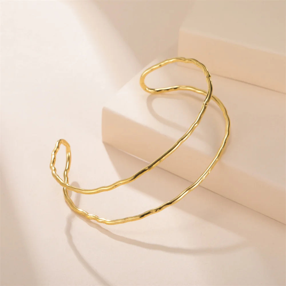 My Shape Simple C Shape for Women Stainless Steel Gold Color Adjustable Open Cuff Bangle Jewelry Double Layered Bracelets Gifts