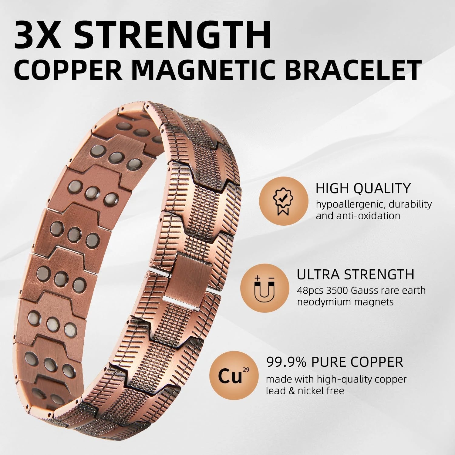 ARADOO Men's Pure Copper Bracelet 3500 Gauss 3X Strongth Magnetic Therapy Link Bracelets