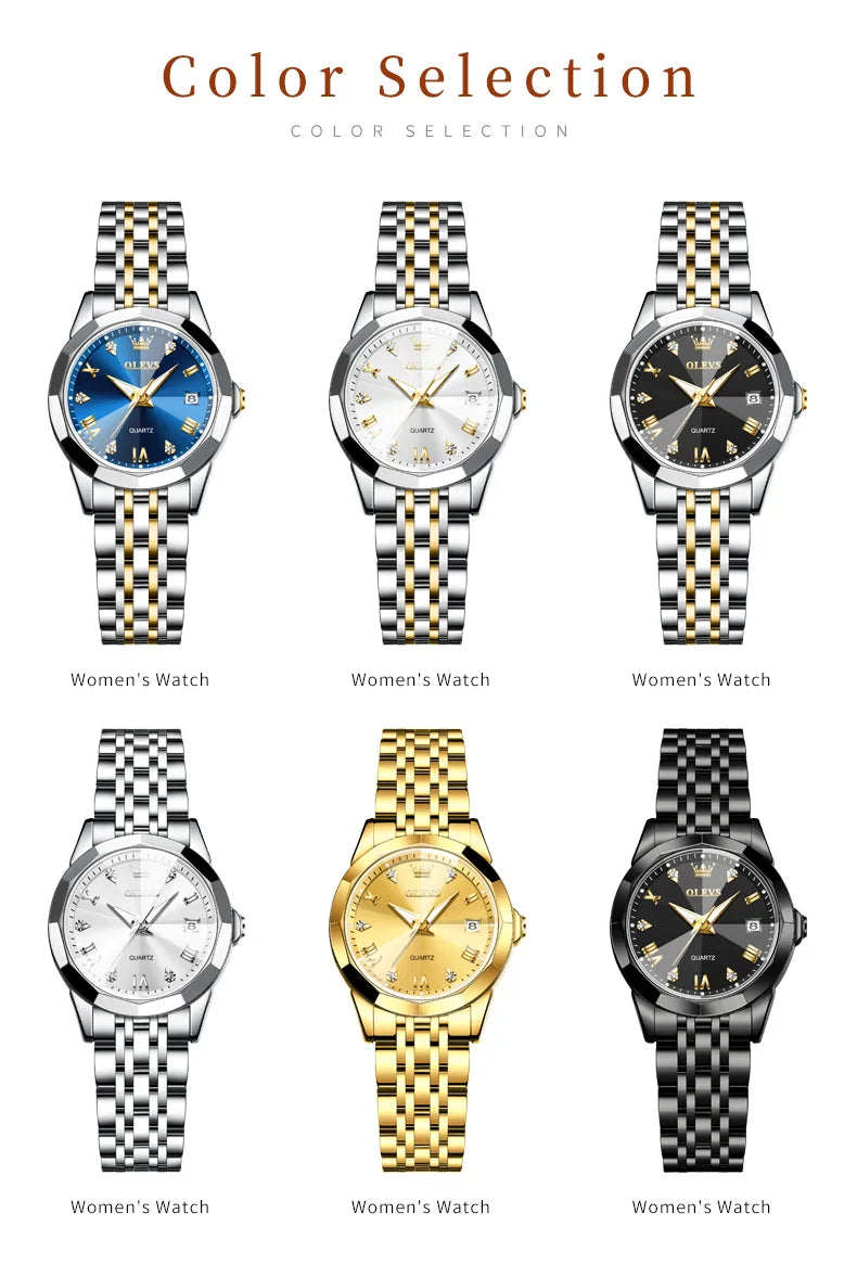 OLEVS Fashion Golden Watch for Women Stainless Steel Waterproof Women's Watches Elegant Original Luxury Ladies Quartz Wristwatch