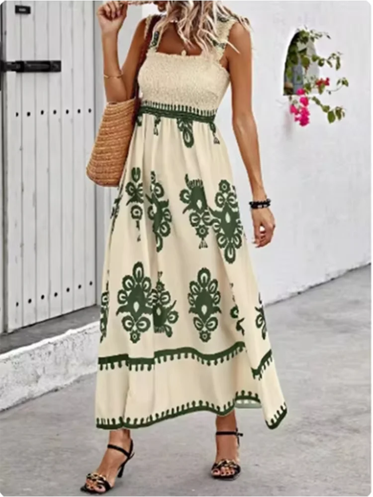 Trendy Square Neck Sleeveless Printed Dresses Women's Suspender High Waist Dress Beach Vacation Robe