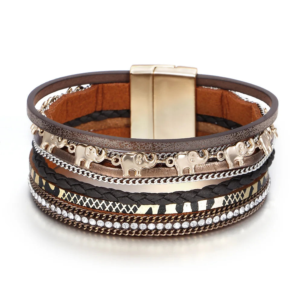 Fashion Elephant Pendant Hand-woven Leather Bracelet Ladies Ins Style with Rhinestone Magnet Clasp Bracelet