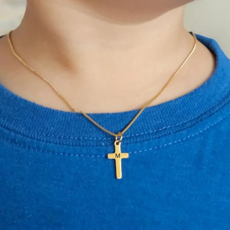 Initial Letter Cross Pendant Necklace - Gold Plated Kids Jewelry A-Z