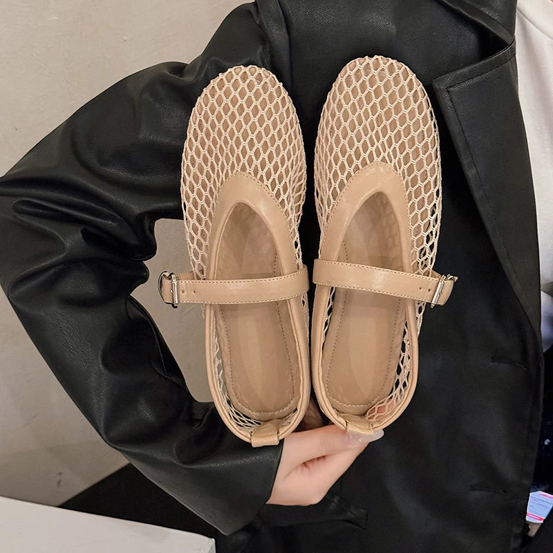 Summer Round Toe Mary Jane Shoes - Cut-Out Fishnet Casual Flats