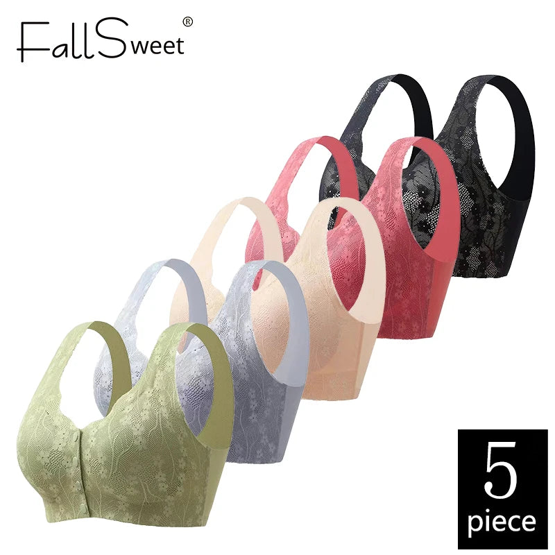 FallSweet 5PCS Front Closure Bra for Moms Lace  Seamless Push Up Brassiere Plus Size Wireless Brassiere for Middle-aged Women