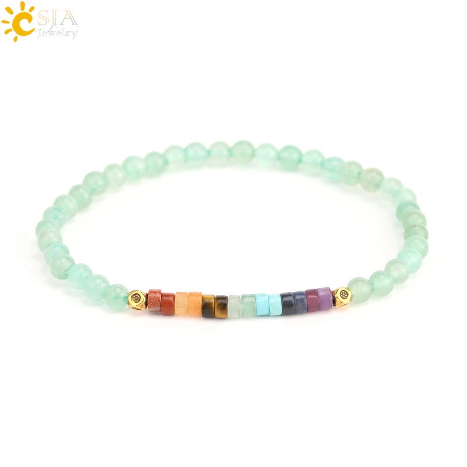 CSJA Natural Stone Bracelet Healing 7 Chakra Crystal Bracelet  Black Obsidian Tiger Eye 4mm Mini Beaded Bangle Luck Jewelry H393