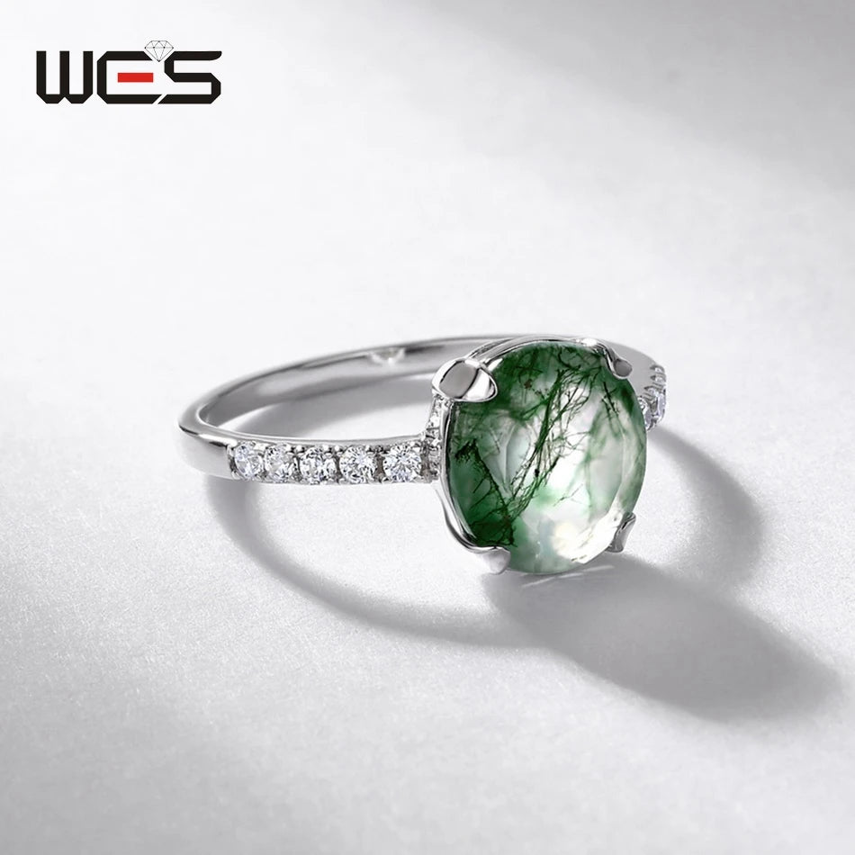 WES Oval Natural Birthstone Moonstone Promise Ring for Woman Aquamarine Moss Agate 925 Silver Jewelry Birthday Gift With Box