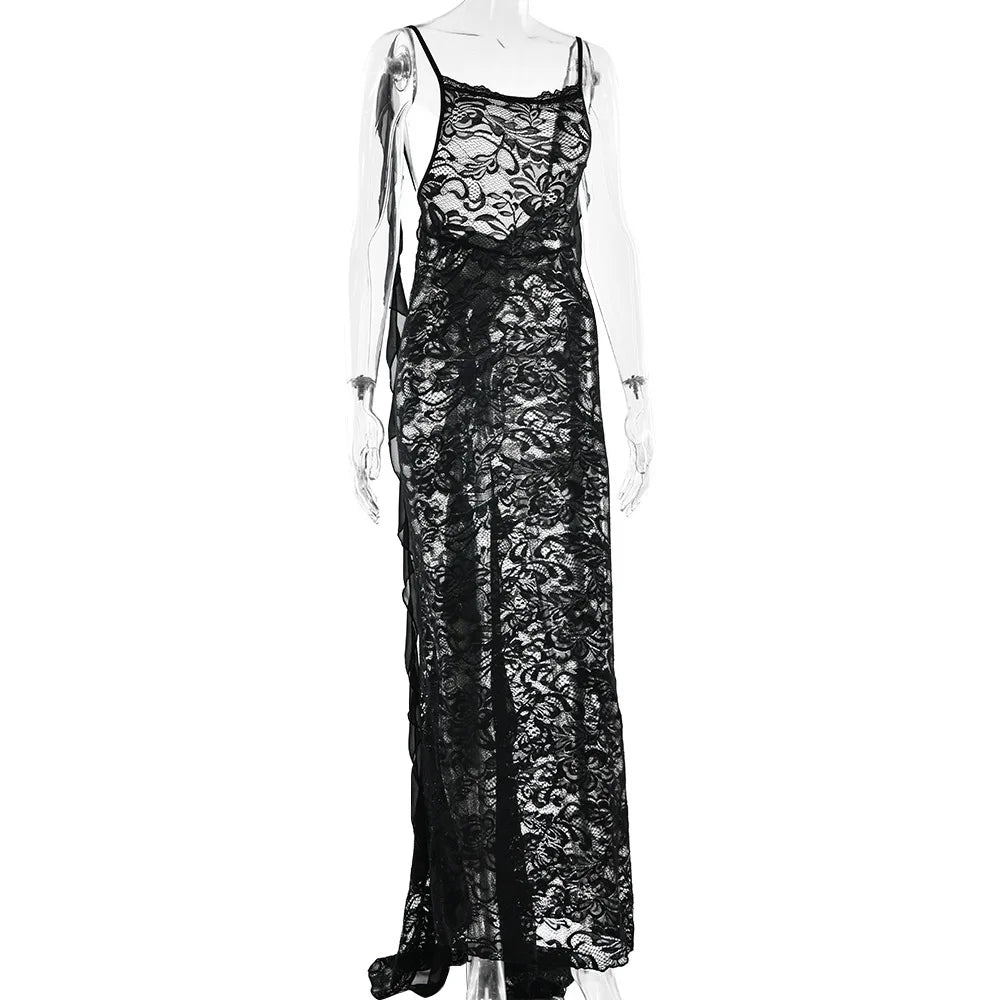 Articat Sexy Sleeveless Lace Patchwork Print Women Backless Party Evening Dress 2024 New Trailing Long Skirt Flowing Vestido