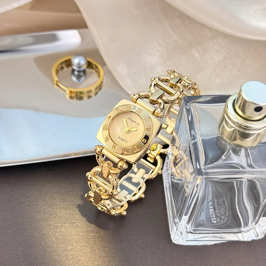 High-End Women's Skeleton Design Watch Square Roman Hour Markers Light Luxury Fashion Cross-Border Best-Seller Ladies Watch