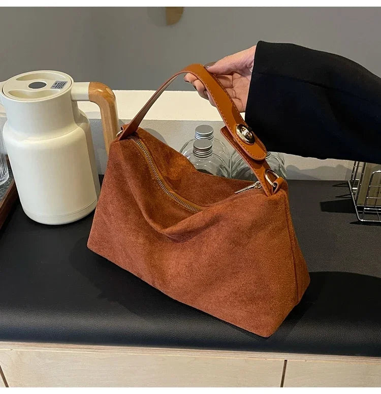 New Solid Color PU Zipper Women's Bag Suede Large Capacity Women's Shoulder Bag Fashion Versatile Casual Dual Purpose Handbag