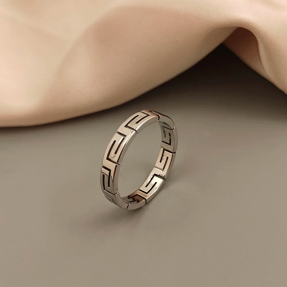 Creative - Greek key pattern stainless steel finger ring, high quality waterproof jewelry, gift for friends