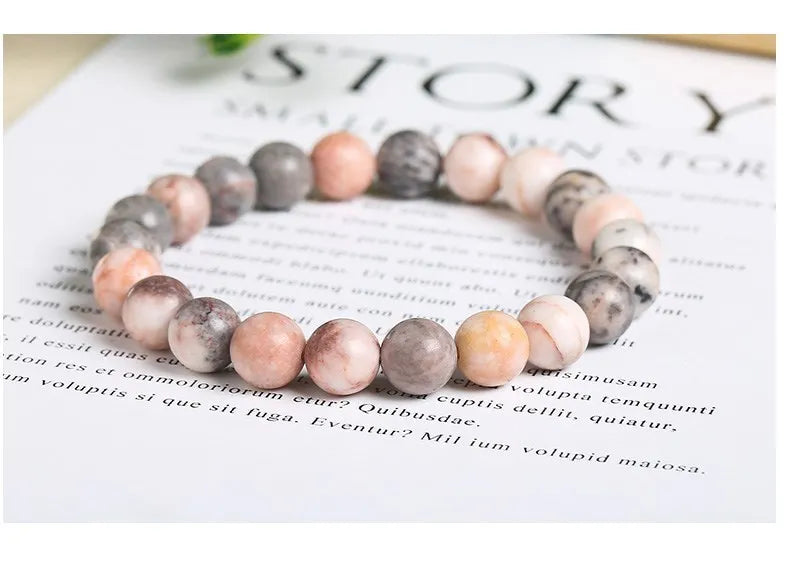 JD Natural Pink Zebra Jasper Stone Bead Bracelet Handmade Yoga Healing Wristband Jewelry for Women Men Bohe Simple Jewelry Gift