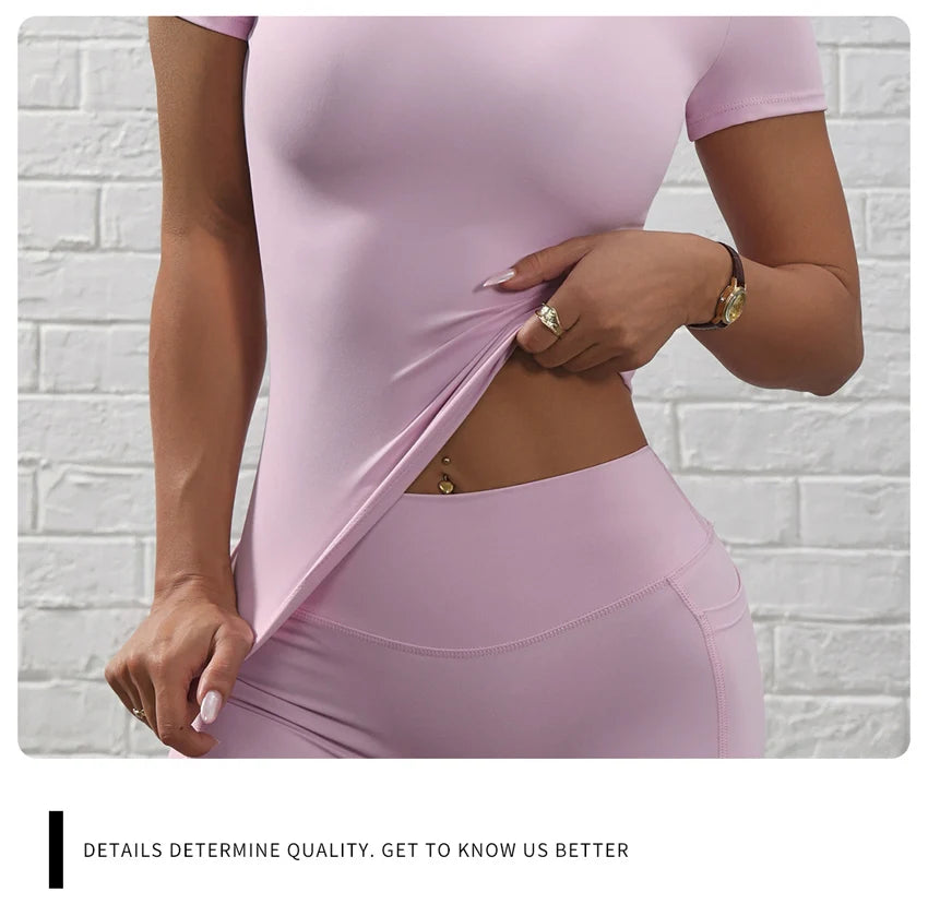 Seamless Yoga Set Women Workout Clothes Short Sleeve Crop Top Pocket Slim Gym Shorts 2 Piece Sports Suit Active Wear