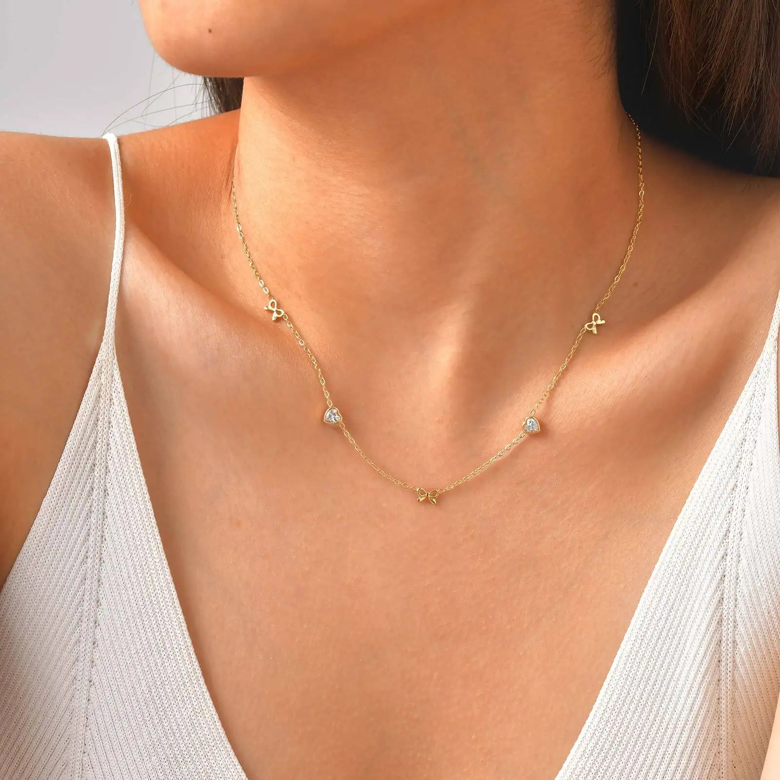 Stainless Steel Heart Cubic Zirconia Chain Necklace for Women, Bowknot Cherry Thin Link Chain Necklace Layered Jewelry