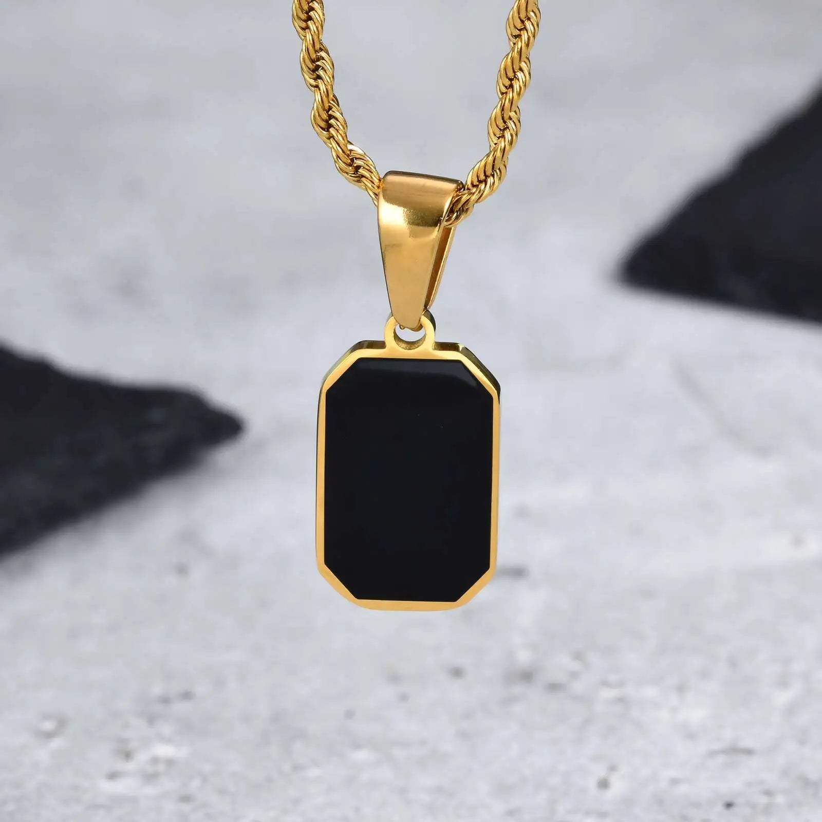Casual Mens Geometric Square Necklaces,Black Enamel Rectangle Pendant with Rope Box Long Chain Collar,Stylish Jewelry Gifts