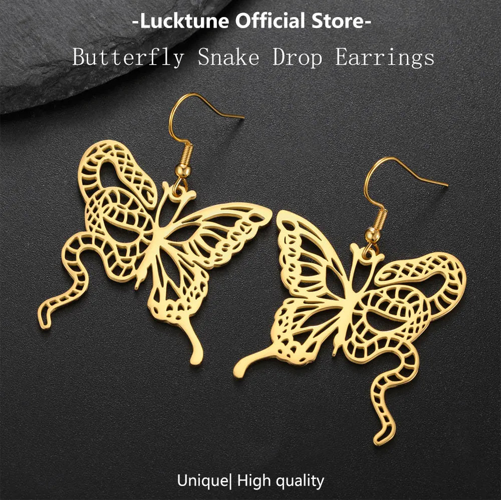 Lucktune Butterfly Snake Drop Earrings Stainless Steel Animals Earrings For Women Fashion Jewelry Woman Accesories Party Gifts