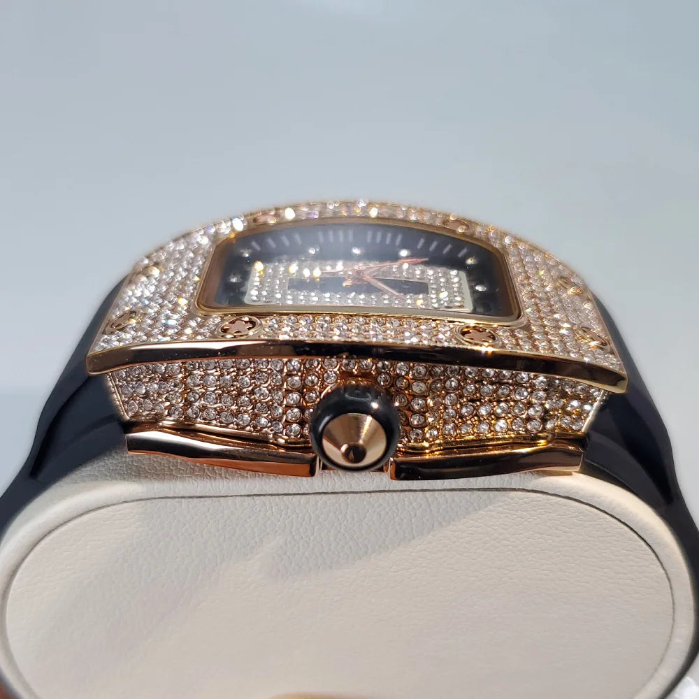 Luxury Diamond Watch For Women Elegant Tonneau Original Design Watches Fashion Ice Out Sport Rubber Strap Waterproof Mille Clock