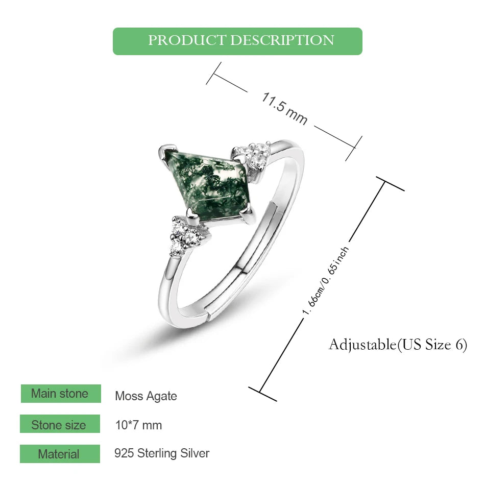 WES 925 Sterling Silver Open Ring for Woman Classic Unique Green Moss Agate Crystal Ring Engagement Gift Wholesale Oval Cut