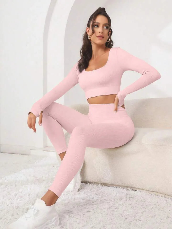 New autumn style threaded long sleeve trousers set, breathable and elastic, a good choice for sports yoga,